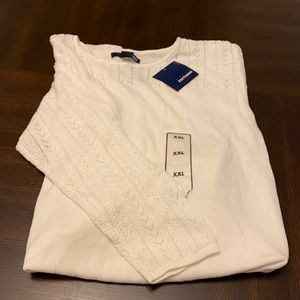 Ivory Basic Editions sweater. Crochet details on arms  & around the neck.  XXL